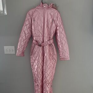 Women’s Pink Quilted Ski Snow Jacket with Belt